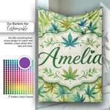 Soft Blue Green and Mustard Cannabis Leaves Seamless Pattern Name  Personalised Custom Name Super Soft Fleece Blanket Bed Sofa Throw