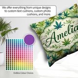 Custom Name Soft Blue Green and Mustard Cannabis Leaves Seamless Square Filled Cushion Throw Pillow Sofa Bed Home Decor Zip Washable UK Made