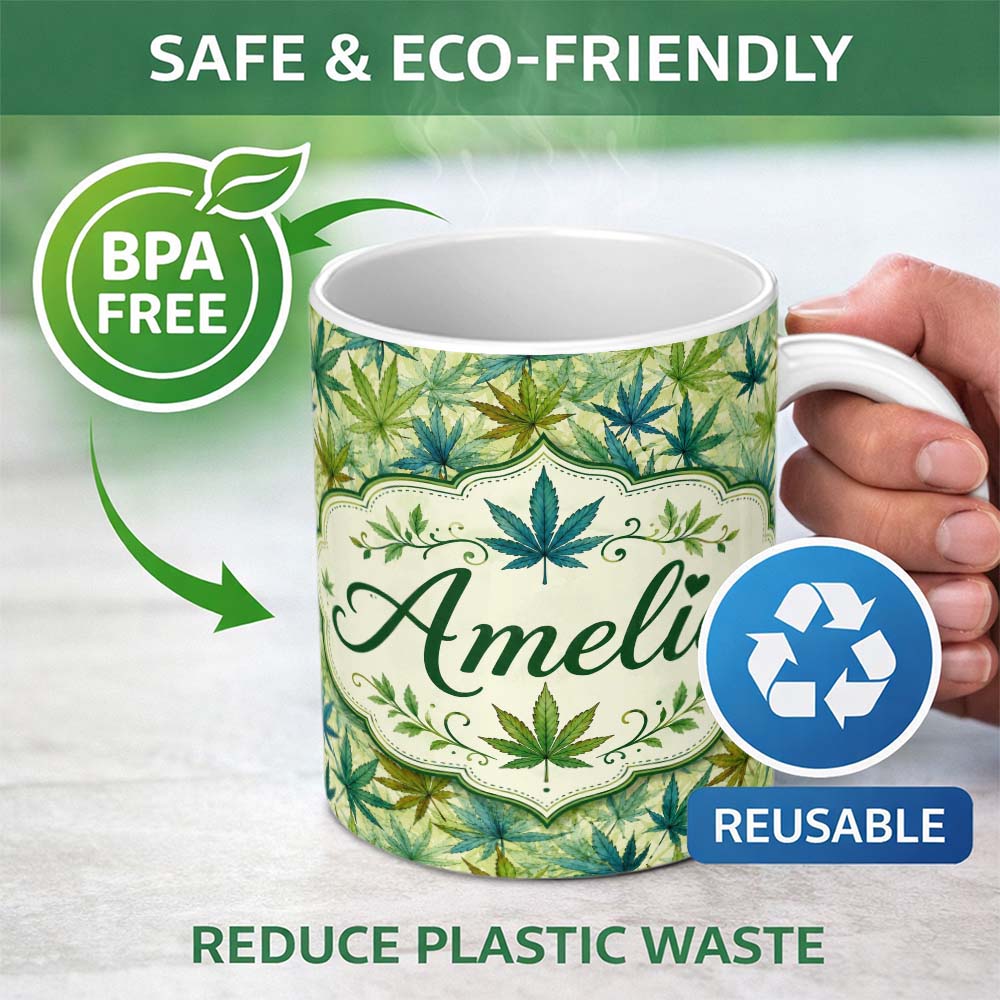 Personalized Custom Name Soft Blue Green and Mustard Cannabis Leaves Seamless Pattern Name 11oz Ceramic Coffee Tea Mug White Large Handle