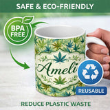 Personalized Custom Name Soft Blue Green and Mustard Cannabis Leaves Seamless Pattern Name 11oz Ceramic Coffee Tea Mug White Large Handle