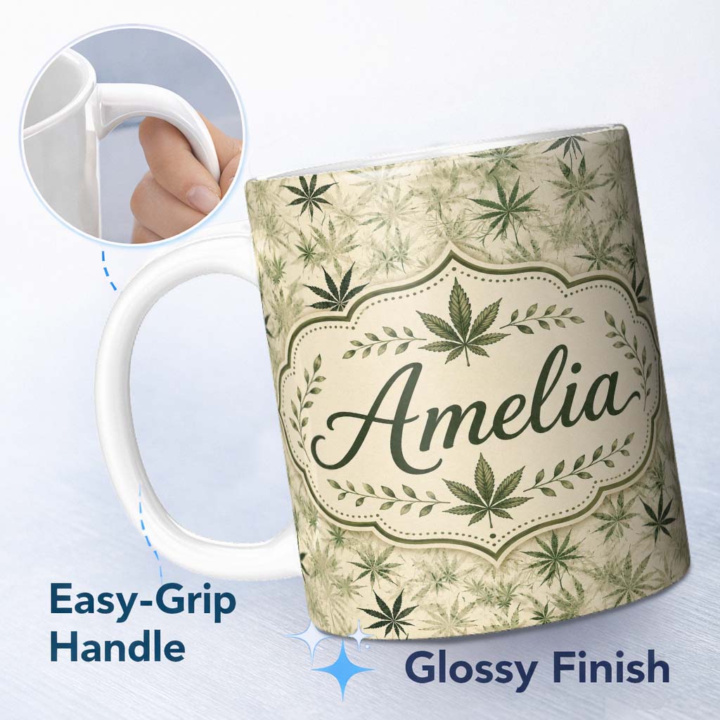 Personalized Custom Name Faded Beige and Green Cannabis Leaf Vintage Seamless Pattern Name 11oz Ceramic Coffee Tea Mug White Large Handle