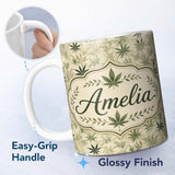Personalized Custom Name Faded Beige and Green Cannabis Leaf Vintage Seamless Pattern Name 11oz Ceramic Coffee Tea Mug White Large Handle