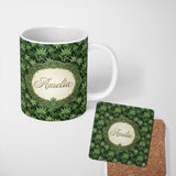 Personalized Custom Name Deep Green Cannabis Jungle Foliage Seamless Pattern Name Cute 11oz Ceramic Coffee Tea Mug White Large Handle