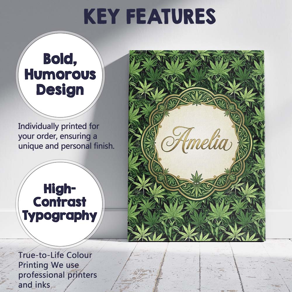Personalised Name Deep Green Cannabis Custom Modern Room Accent Creative Decorator Style Canvas Wall Art Print Decor Picture Ready to Hang