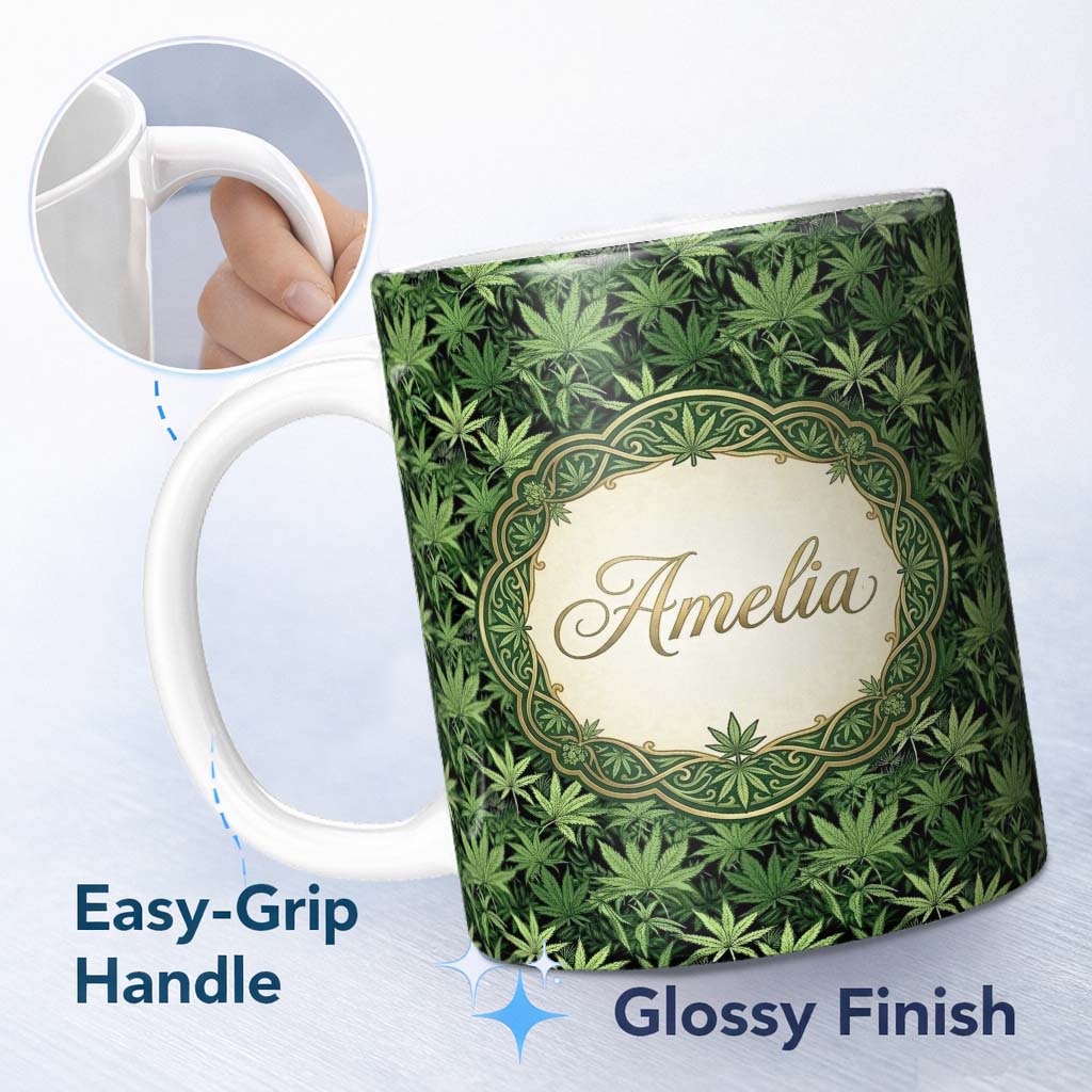 Personalized Custom Name Deep Green Cannabis Jungle Foliage Seamless Pattern Name Cute 11oz Ceramic Coffee Tea Mug White Large Handle