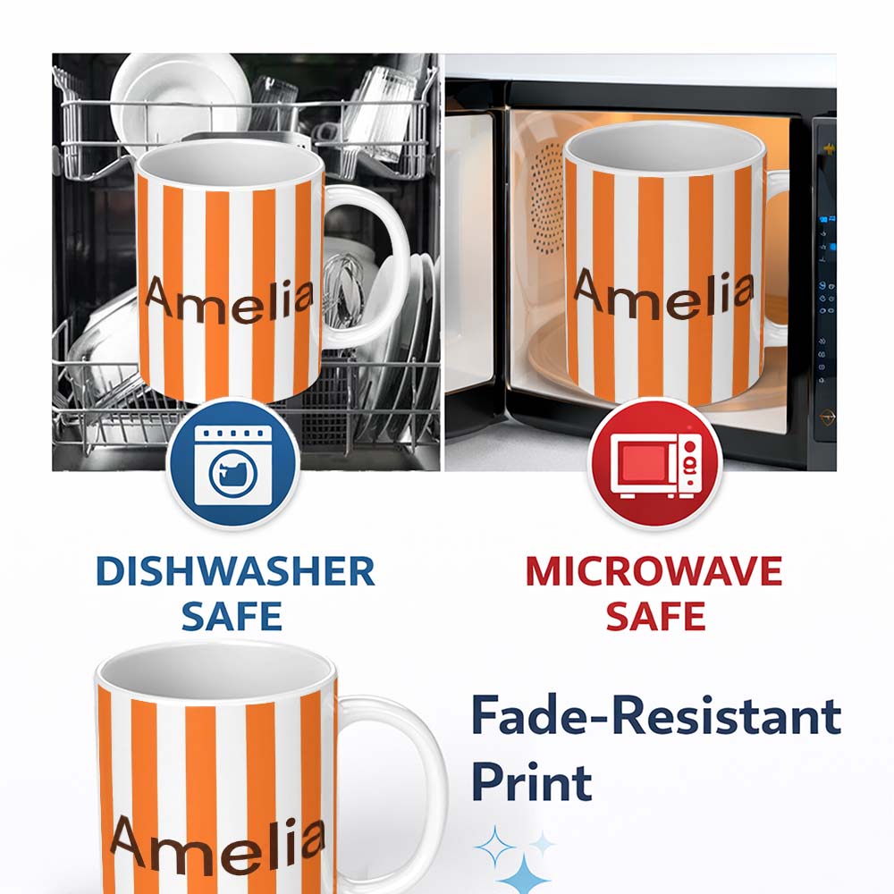 Personalized Custom Name Simple Orange And White Vertical Stripe Seamless Pattern Minimal 11oz Ceramic Coffee Tea Mug White Large Handle