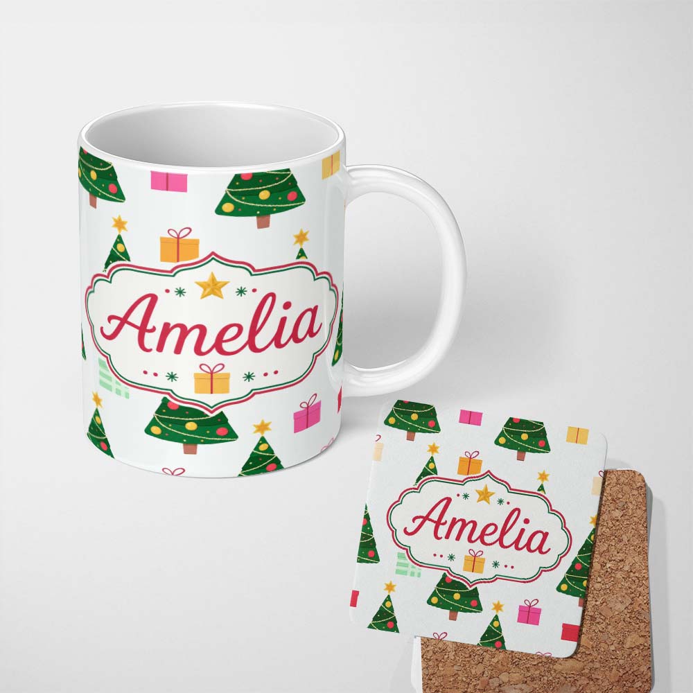 Personalized Custom Name Cute Christmas Tree Gift Box Festive Seamless Pattern  11oz Ceramic Coffee Tea Mug White Large Handle
