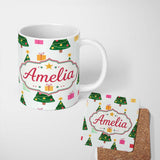 Personalized Custom Name Cute Christmas Tree Gift Box Festive Seamless Pattern  11oz Ceramic Coffee Tea Mug White Large Handle
