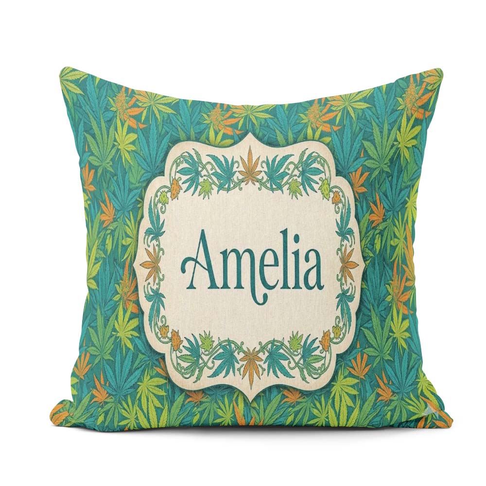 Custom Name Autumn Yellow Green Orange Cannabis Seamless Pattern Square Filled Cushion Throw Pillow Sofa Bed Home Decor Zip Washable UK Made