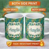 Personalized Custom Name Autumn Yellow Green and Orange Cannabis Leaves Seamless Pattern 11oz Ceramic Coffee Tea Mug White Large Handle