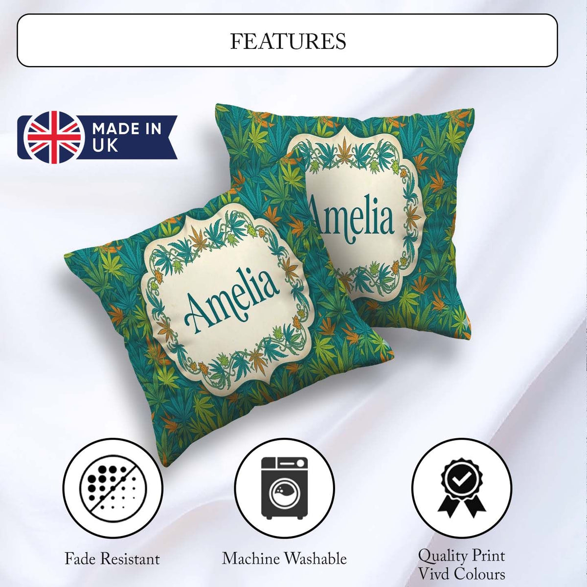Custom Name Autumn Yellow Green Orange Cannabis Seamless Pattern Square Filled Cushion Throw Pillow Sofa Bed Home Decor Zip Washable UK Made