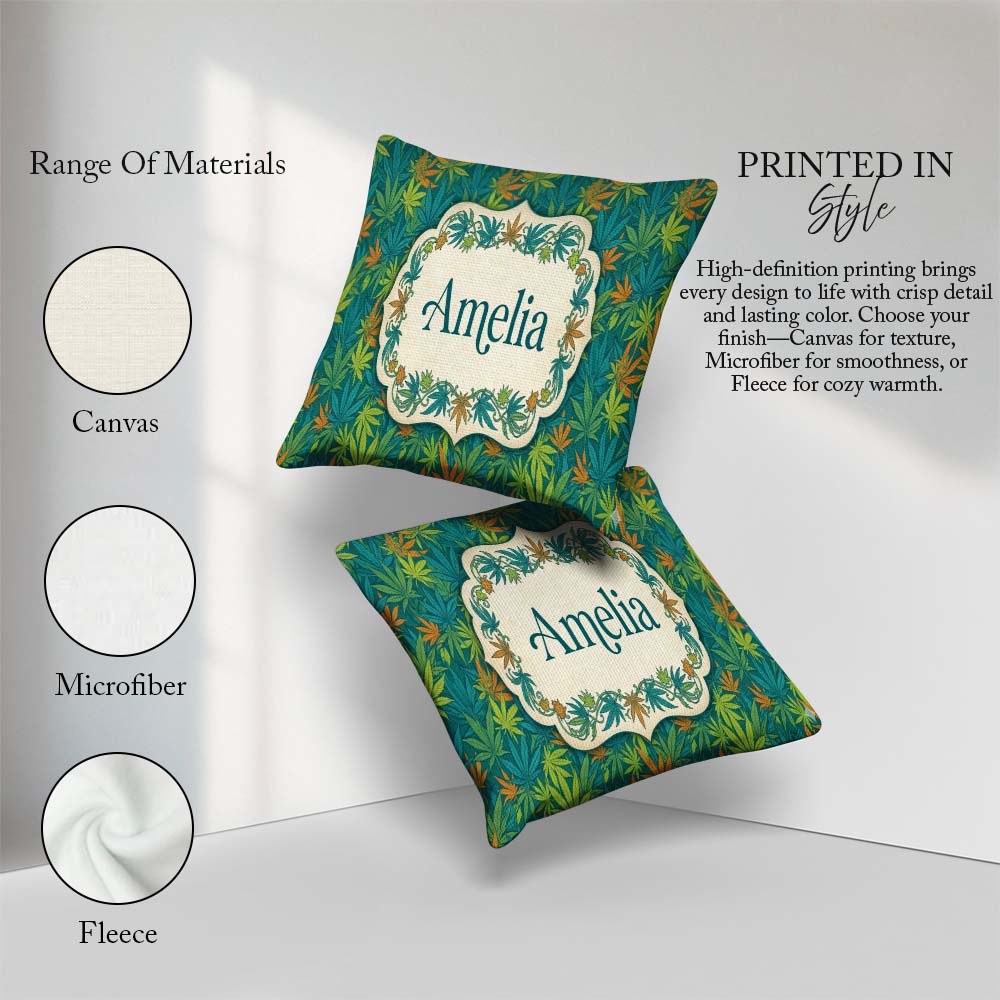 Custom Name Autumn Yellow Green Orange Cannabis Seamless Pattern Square Filled Cushion Throw Pillow Sofa Bed Home Decor Zip Washable UK Made