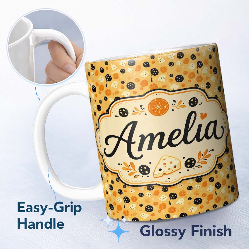 Personalized Custom Name Pizza Ingredients Tossed Pattern Seamless Name Cute Unique Gift 11oz Ceramic Coffee Tea Mug White Large Handle