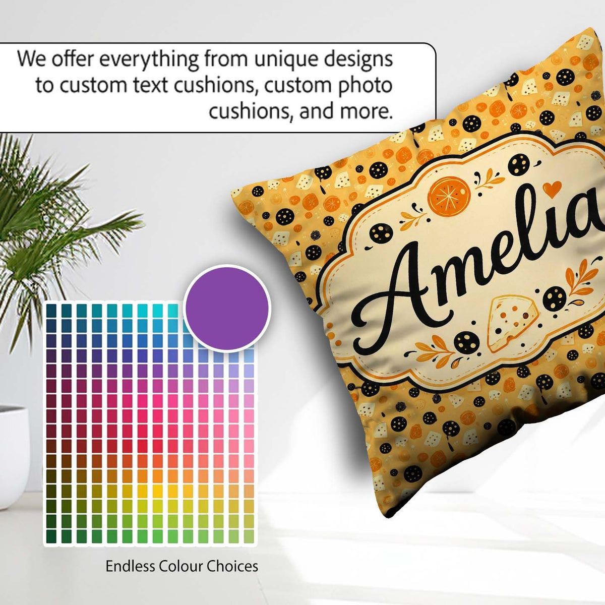 Custom Name Pizza Ingredients Tossed Pattern Seamless Name Cute Square Filled Cushion Throw Pillow Sofa Bed Home Decor Zip Washable UK Made