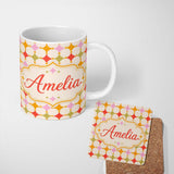 Personalized Custom Name Pastel Circle and Diamond Geometric Seamless Pattern Name Cute 11oz Ceramic Coffee Tea Mug White Large Handle