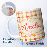 Personalized Custom Name Pastel Circle and Diamond Geometric Seamless Pattern Name Cute 11oz Ceramic Coffee Tea Mug White Large Handle