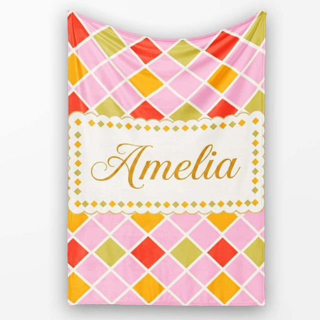 Soft Pink Orange and Olive Diamond Grid Seamless Pattern Name Cute  Personalised Custom Name Super Soft Fleece Blanket Bed Sofa Throw
