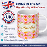 Personalized Custom Name Soft Pink Orange and Olive Diamond Grid Seamless Pattern Name Cute 11oz Ceramic Coffee Tea Mug White Large Handle