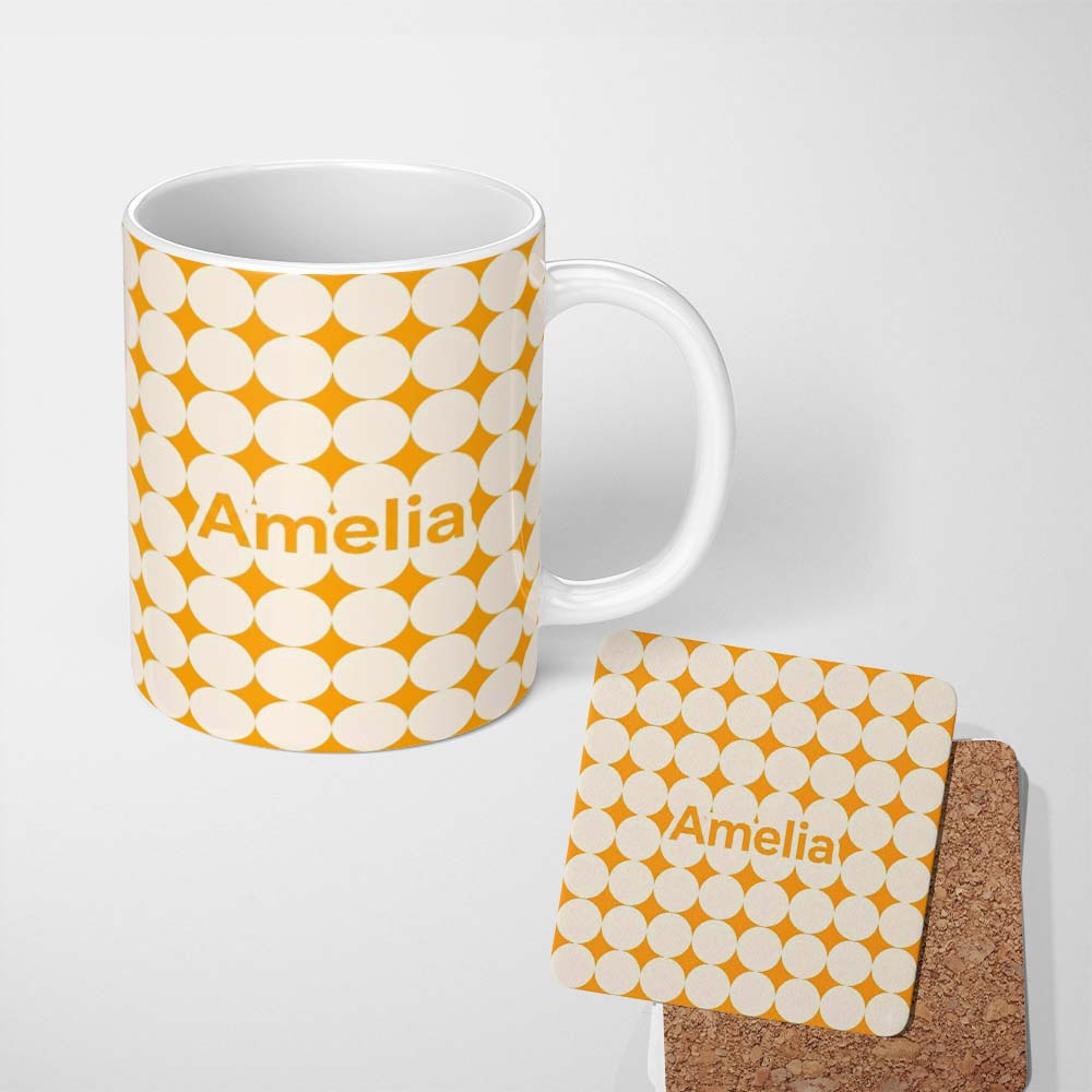Personalized Custom Name Warm Mustard Background with Cream Circle Repeat Seamless Pattern 11oz Ceramic Coffee Tea Mug White Large Handle