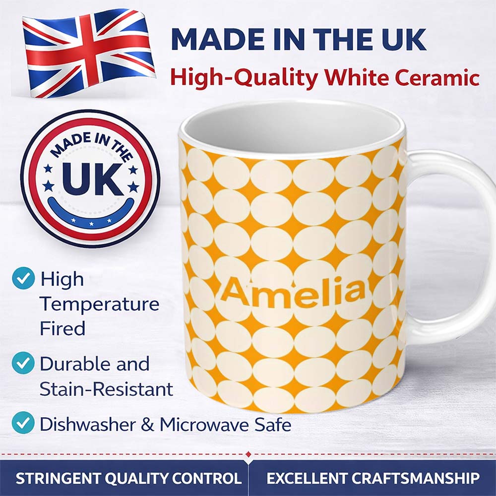 Personalized Custom Name Warm Mustard Background with Cream Circle Repeat Seamless Pattern 11oz Ceramic Coffee Tea Mug White Large Handle