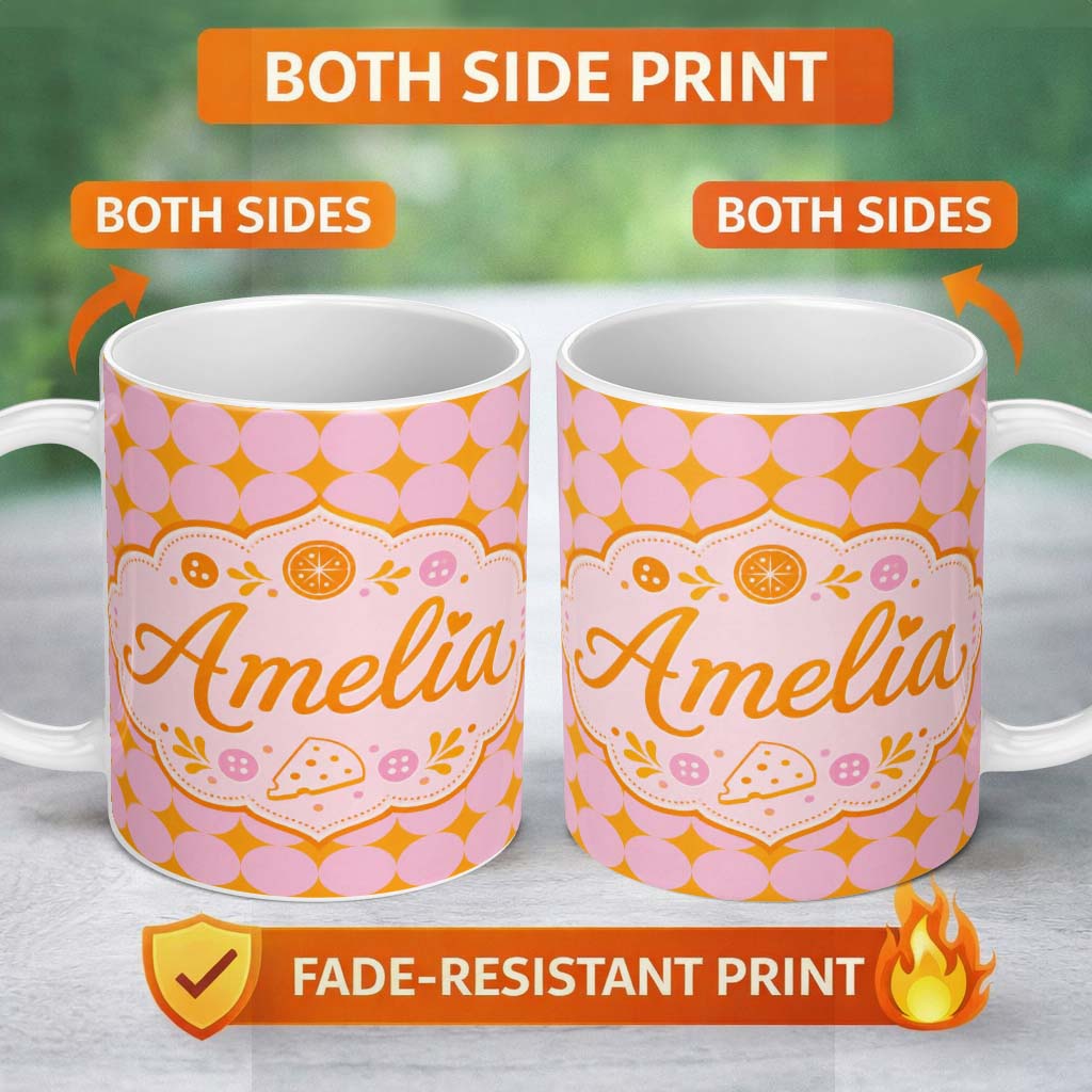 Personalized Custom Name Pink and Mustard Circle Tile Seamless Pattern Custom Name Cute 11oz Ceramic Coffee Tea Mug White Large Handle