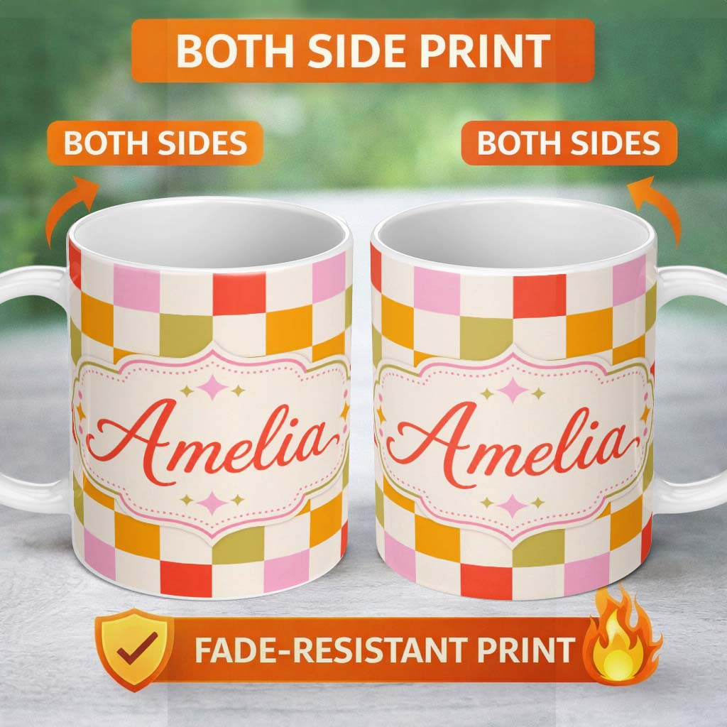 Personalized Custom Name Vintage Pastel Checkerboard Squares Seamless Pattern Name Cute 11oz Ceramic Coffee Tea Mug White Large Handle
