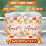 Personalized Custom Name Vintage Pastel Checkerboard Squares Seamless Pattern Name Cute 11oz Ceramic Coffee Tea Mug White Large Handle