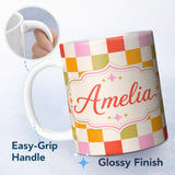 Personalized Custom Name Vintage Pastel Checkerboard Squares Seamless Pattern Name Cute 11oz Ceramic Coffee Tea Mug White Large Handle