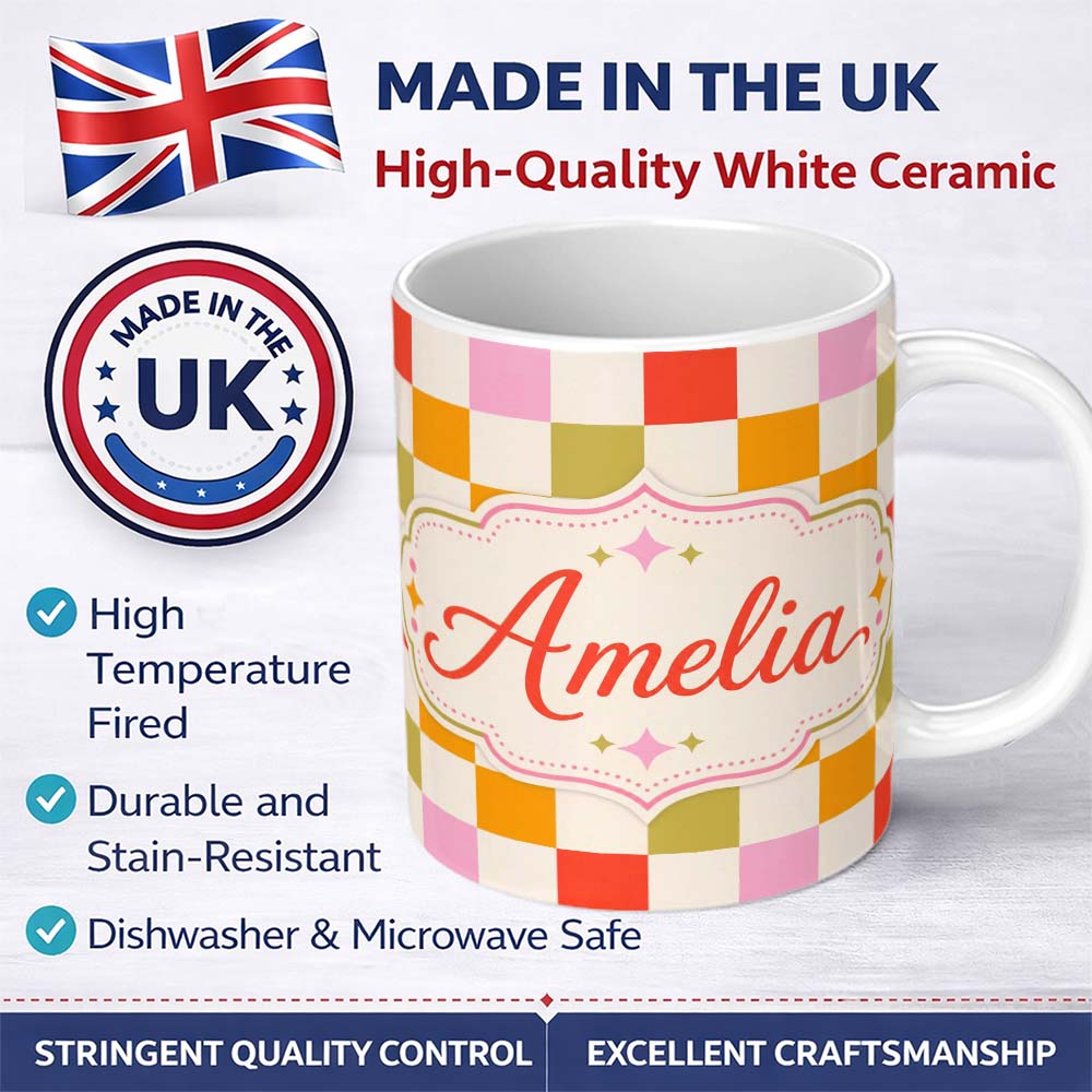 Personalized Custom Name Vintage Pastel Checkerboard Squares Seamless Pattern Name Cute 11oz Ceramic Coffee Tea Mug White Large Handle