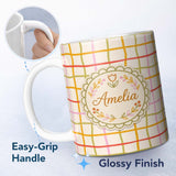 Personalized Custom Name Hand Drawn Wavy Grid Lines Pastel Seamless Pattern Name Cute Unique 11oz Ceramic Coffee Tea Mug White Large Handle