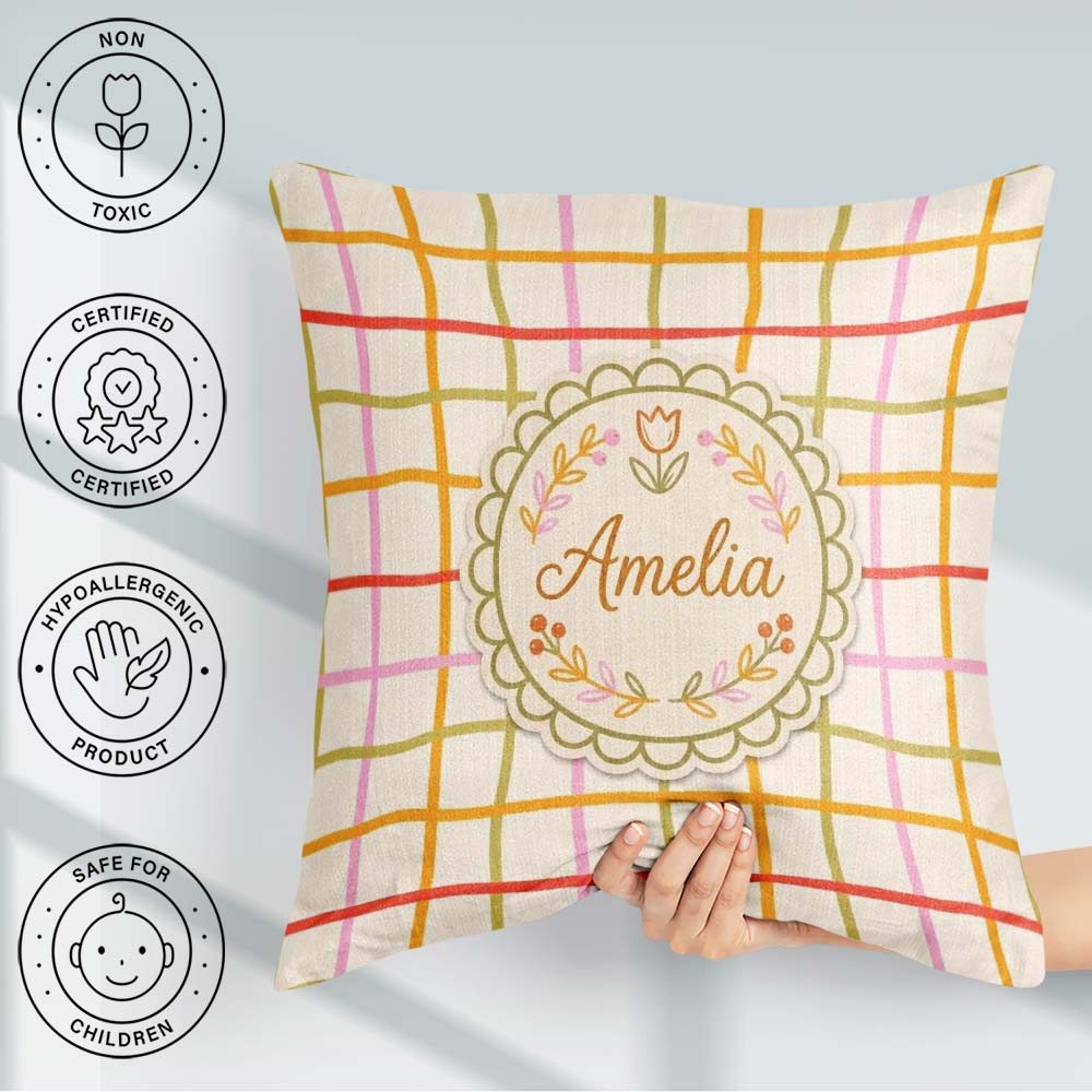 Custom Name Hand Drawn Wavy Grid Lines Pastel Seamless Name Cute Square Filled Cushion Throw Pillow Sofa Bed Home Decor Zip Washable UK Made