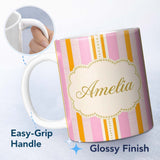Personalized Custom Name Modern Pink Stripe and Dot Abstract Seamless Pattern Name Cute 11oz Ceramic Coffee Tea Mug White Large Handle
