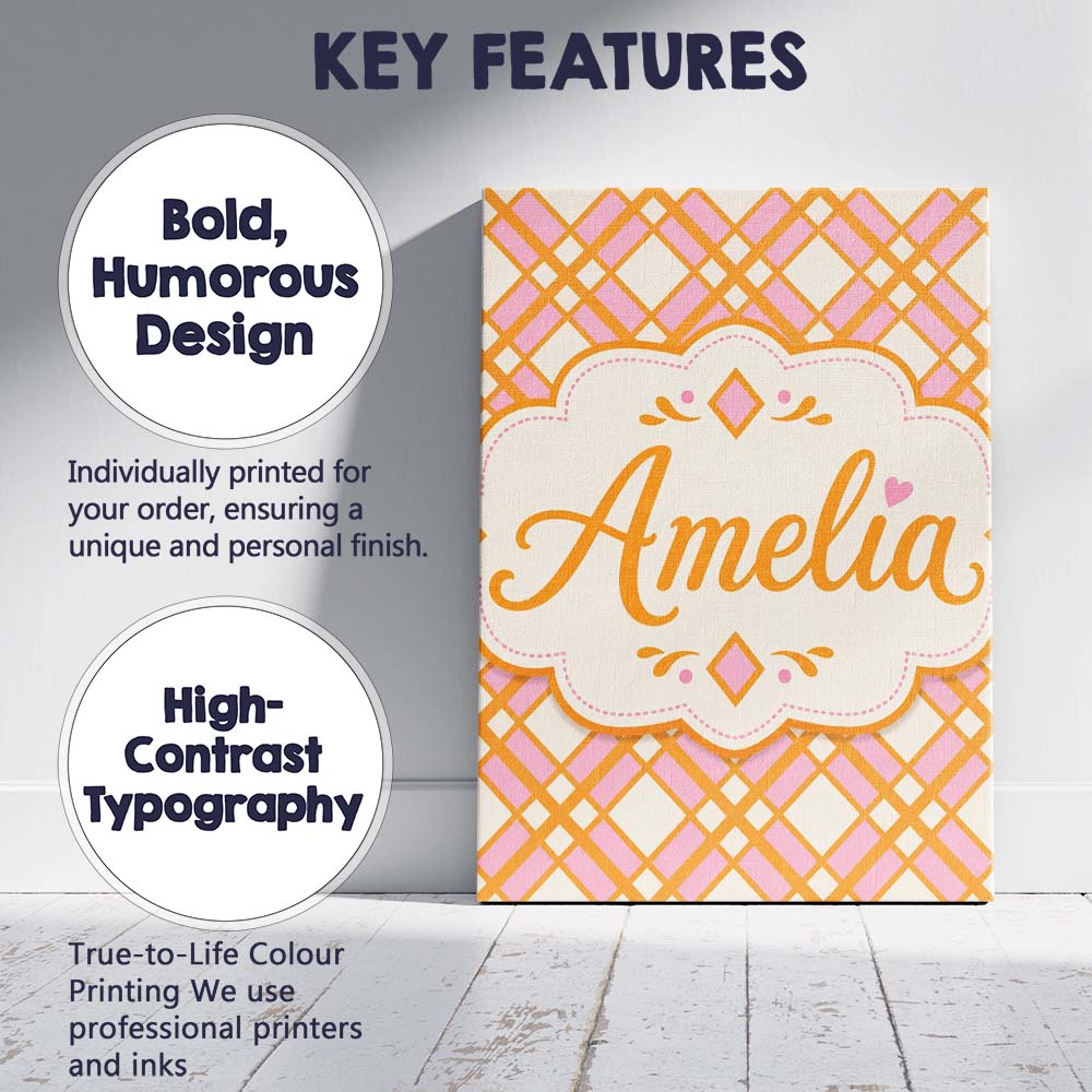 Personalised Name Layered Orange Pink Custom Modern Room Accent Creative Decorator Style Canvas Wall Art Print Decor Picture Ready to Hang