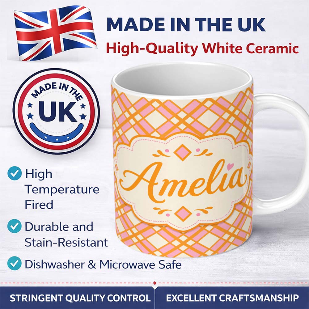 Personalized Custom Name Layered Orange Pink Lattice Geometric Seamless Pattern Name Cute 11oz Ceramic Coffee Tea Mug White Large Handle