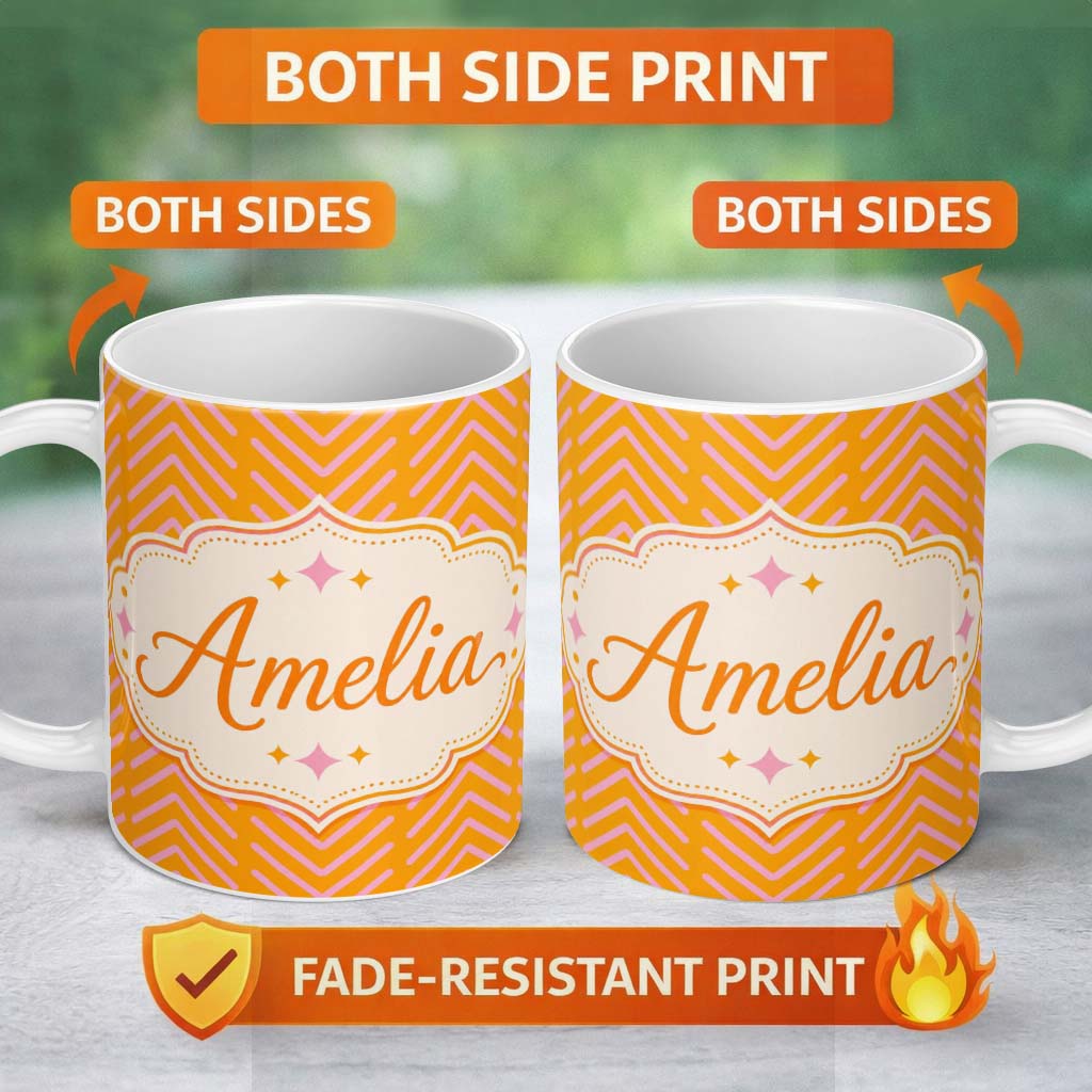 Personalized Custom Name Pink Chevron Lines on Mustard Background Seamless Pattern Custom 11oz Ceramic Coffee Tea Mug White Large Handle