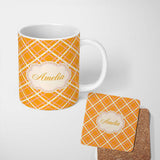 Personalized Custom Name Pink and Cream Lattice Grid on Mustard Geometric Seamless Pattern 11oz Ceramic Coffee Tea Mug White Large Handle
