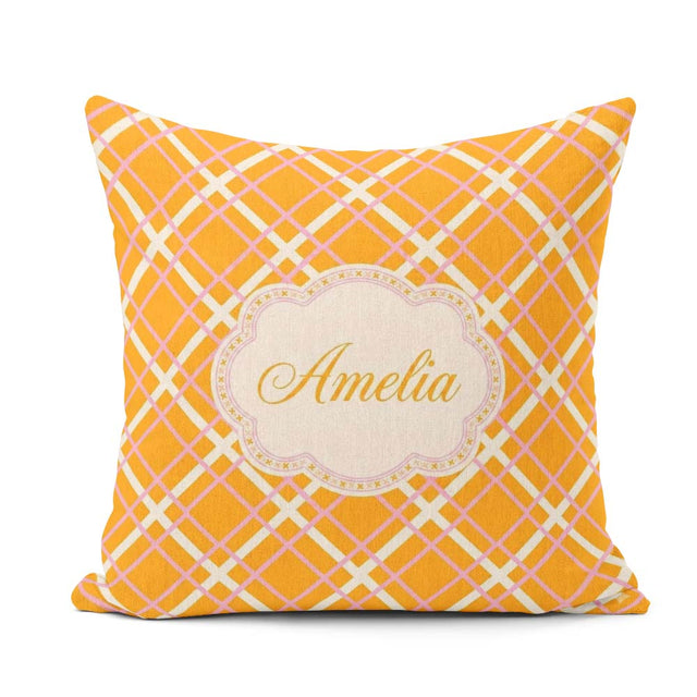 Custom Name Pink and Cream Lattice on Mustard Geometric Seamless Square Filled Cushion Throw Pillow Sofa Bed Home Decor Zip Washable UK Made