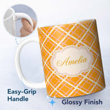 Personalized Custom Name Pink and Cream Lattice Grid on Mustard Geometric Seamless Pattern 11oz Ceramic Coffee Tea Mug White Large Handle