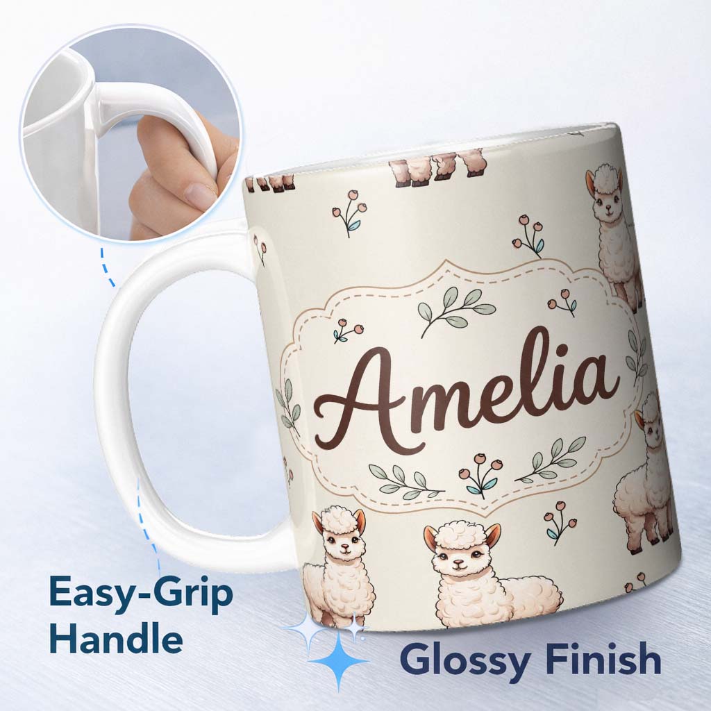 Personalized Custom Name Cute Alpaca Llama Farm Animals Floral Seamless Pattern Cream Lovely 11oz Ceramic Coffee Tea Mug White Large Handle