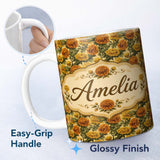 Personalized Custom Name Bold Vintage Orange Poppy Floral Pattern on Warm Beige Background 11oz Ceramic Coffee Tea Mug White Large Handle