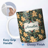 Personalized Custom Name Festive Gingerbread Cookies with Holly Leaves Seamless Pattern Name 11oz Ceramic Coffee Tea Mug White Large Handle