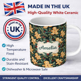 Personalized Custom Name Festive Gingerbread Cookies with Holly Leaves Seamless Pattern Name 11oz Ceramic Coffee Tea Mug White Large Handle