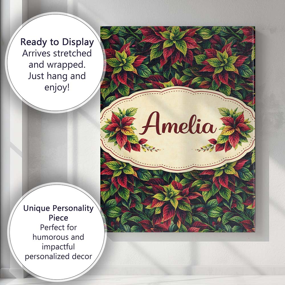 Personalised Name Red Tropical Greenish Dense Botanical Seamless Custom  Interior Canvas Wall Art Print Decor Picture Ready to Hang