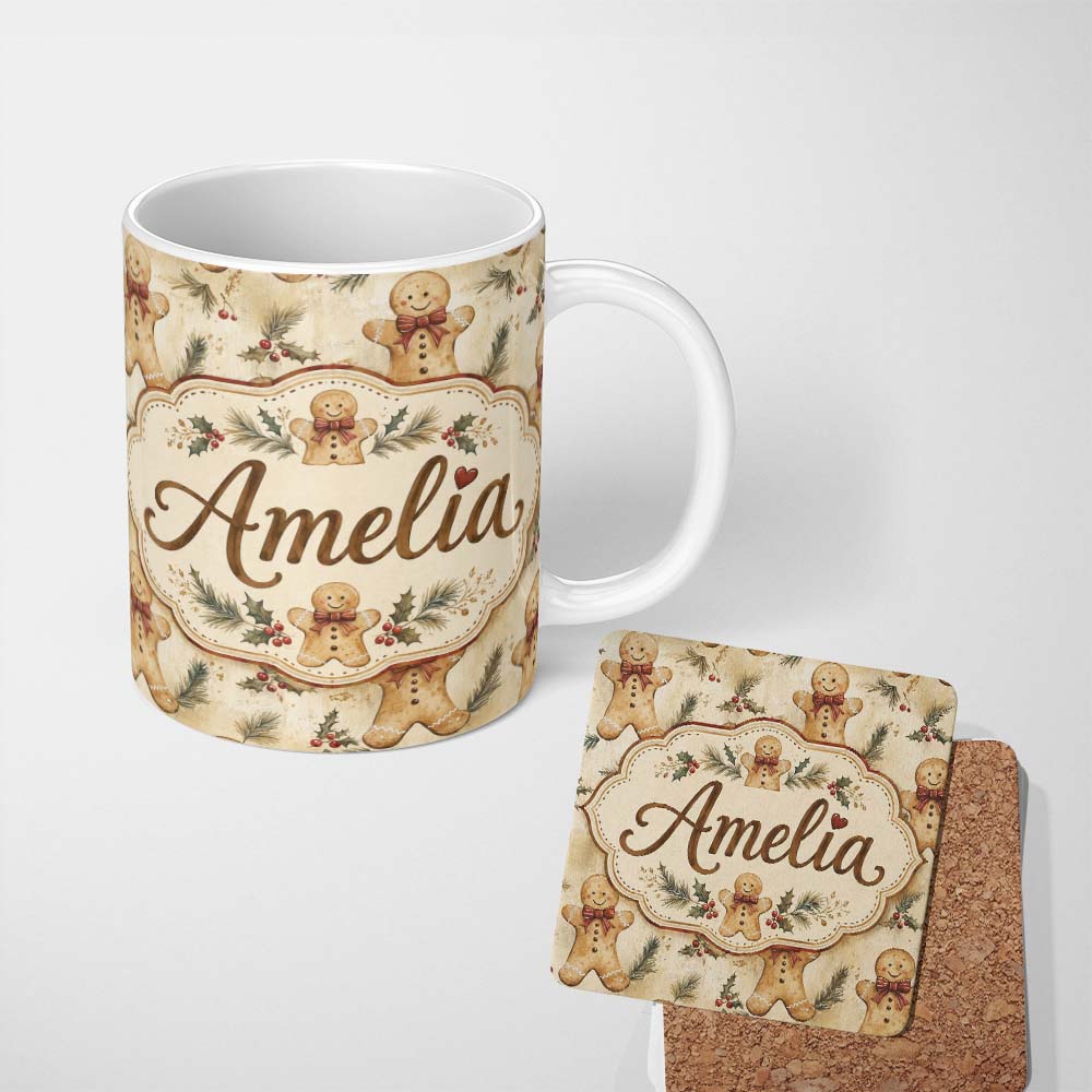 Personalized Custom Name Vintage Gingerbread Men with Bows and Pine Branches Seamless 11oz Ceramic Coffee Tea Mug White Large Handle