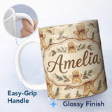 Personalized Custom Name Vintage Gingerbread Men with Bows and Pine Branches Seamless 11oz Ceramic Coffee Tea Mug White Large Handle