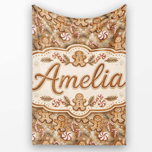 Christmas Gingerbread and Candy Cane Holiday Seamless Pattern Name  Personalised Custom Name Super Soft Fleece Blanket Bed Sofa Throw
