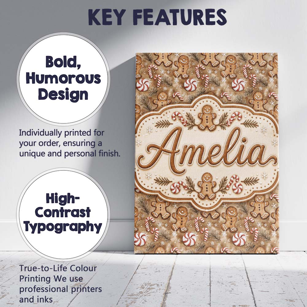 Personalised Name Christmas Gingerbread and Custom  Bespoke Interior Contemporary Canvas Wall Art Print Decor Picture Ready to Hang