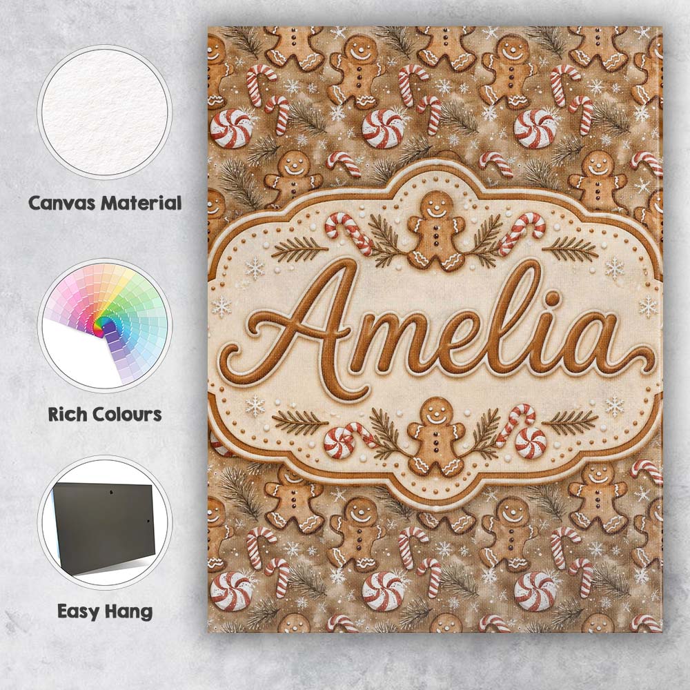 Personalised Name Christmas Gingerbread and Custom  Bespoke Interior Contemporary Canvas Wall Art Print Decor Picture Ready to Hang