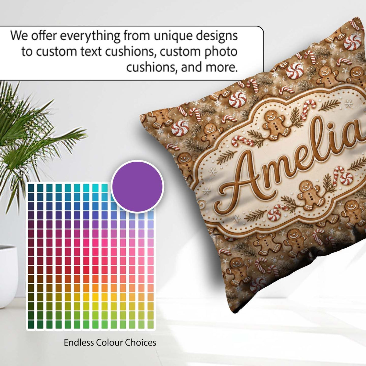 Custom Name Christmas Gingerbread and Candy Cane Holiday Pattern Square Filled Cushion Throw Pillow Sofa Bed Home Decor Zip Washable UK Made