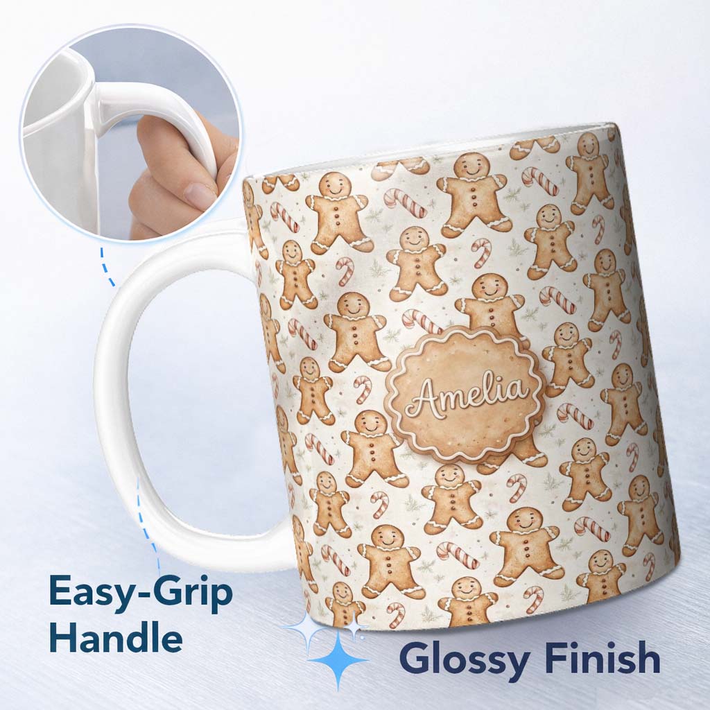 Personalized Custom Name Cute Gingerbread Cookies with Candy Canes Seamless Pattern Name 11oz Ceramic Coffee Tea Mug White Large Handle